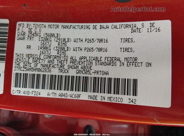 3TMCZ5AN5HM062836 2017 TOYOTA TACOMA Orange Engine compartment view