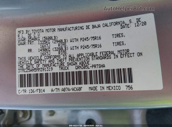 3TMCZ5AN5MM391319 2021 TOYOTA TACOMA Silver Շարժիչի բաժամունքի տեսք