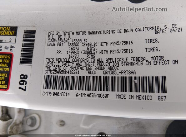 3TMCZ5AN5MM418261 2021 TOYOTA TACOMA White Engine compartment view