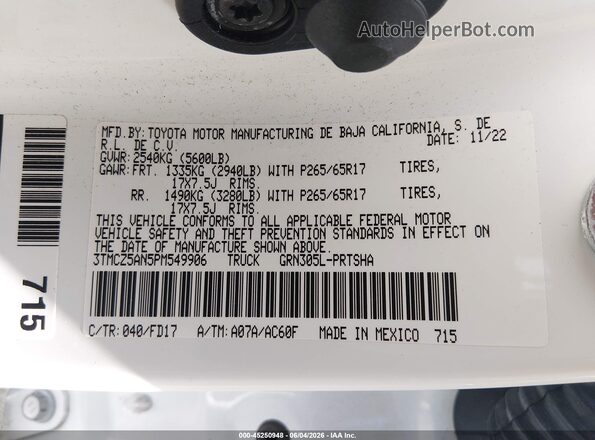 3TMCZ5AN5PM549906 2023 TOYOTA TACOMA White Engine compartment view