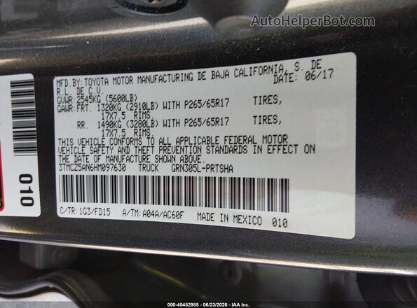 3TMCZ5AN6HM097630 2017 TOYOTA TACOMA Gray Շարժիչի բաժամունքի տեսք