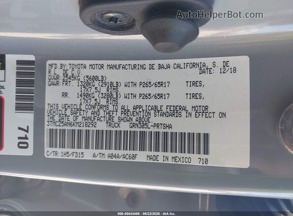 3TMCZ5AN6KM218292 2019 TOYOTA TACOMA Gray Engine compartment view