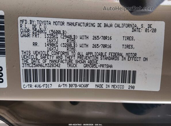3TMCZ5AN6LM328342 2020 TOYOTA TACOMA Tan Շարժիչի բաժամունքի տեսք