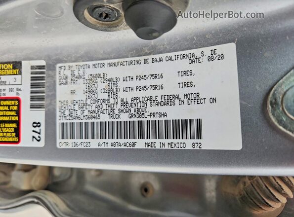 3TMCZ5AN6LM360465 2020 TOYOTA TACOMA Gray VIN კოდის სტიკერის ხედი