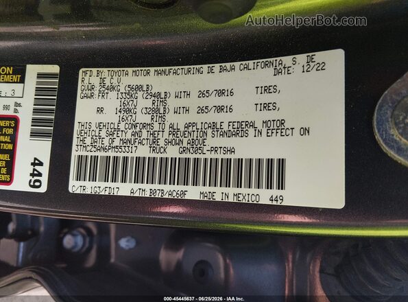 3TMCZ5AN6PM553317 2023 TOYOTA TACOMA Gray Вид підкапотного простору