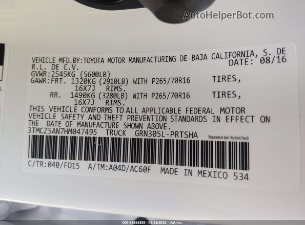 3TMCZ5AN7HM047495 2017 TOYOTA TACOMA White Вид підкапотного простору