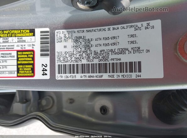 3TMCZ5AN7JM150275 2018 TOYOTA TACOMA Gray Շարժիչի բաժամունքի տեսք