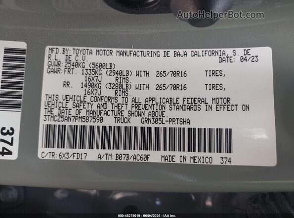 3TMCZ5AN7PM587590 2023 TOYOTA TACOMA Gray Вид підкапотного простору