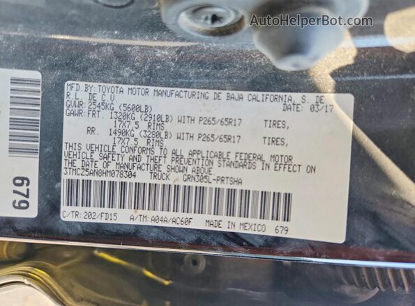 3TMCZ5AN8HM078304 2017 TOYOTA TACOMA Black Вид підкапотного простору