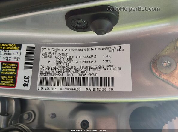 3TMCZ5AN8JM149765 2018 TOYOTA TACOMA Серый Вид подкапотного пространства