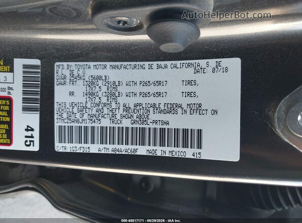 3TMCZ5AN8JM175475 2018 TOYOTA TACOMA Gray Շարժիչի բաժամունքի տեսք