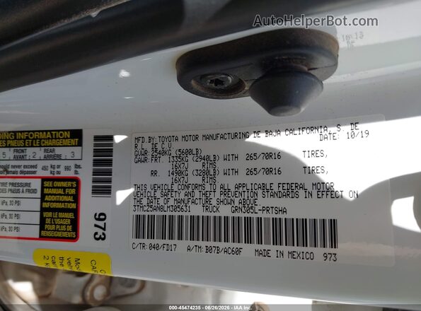 3TMCZ5AN8LM305631 2020 TOYOTA TACOMA Белый Вид подкапотного пространства