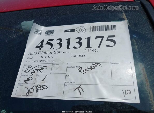 3TMCZ5AN8NM475023 2022 TOYOTA TACOMA Red Вид панелі приладів