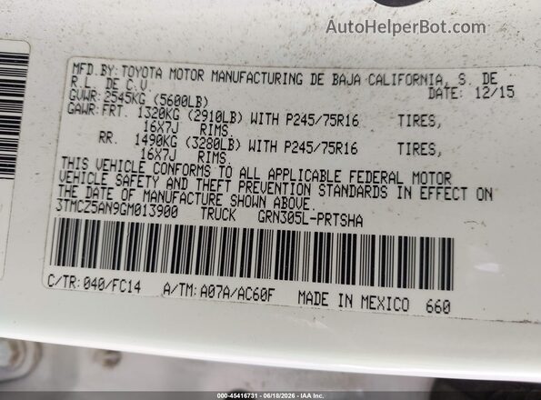3TMCZ5AN9GM013900 2016 TOYOTA TACOMA White Vista del compartimento del motor