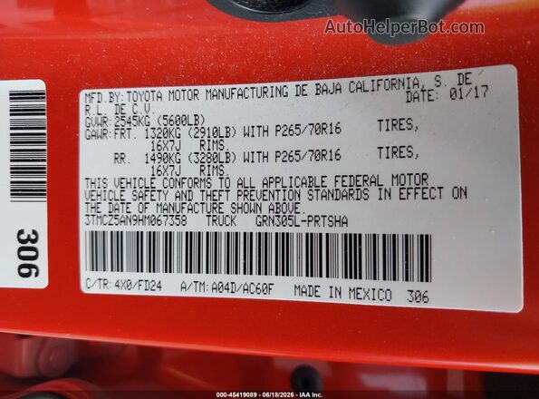 3TMCZ5AN9HM067358 2017 TOYOTA TACOMA Orange Вид підкапотного простору