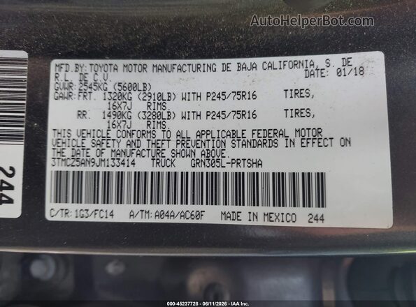 3TMCZ5AN9JM133414 2018 TOYOTA TACOMA Gray Вид підкапотного простору