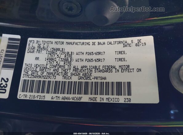 3TMCZ5AN9KM229173 2019 TOYOTA TACOMA Black Vista del compartimento del motor