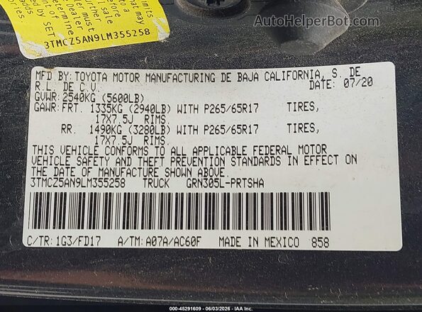 3TMCZ5AN9LM355258 2020 TOYOTA TACOMA Серый Вид подкапотного пространства