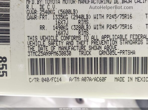 3TMCZ5AN9PM630830 2023 TOYOTA TACOMA White Շարժիչի բաժամունքի տեսք