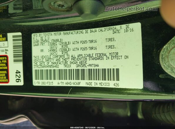 3TMCZ5ANXHM056482 2017 TOYOTA TACOMA Black Vista del compartimento del motor