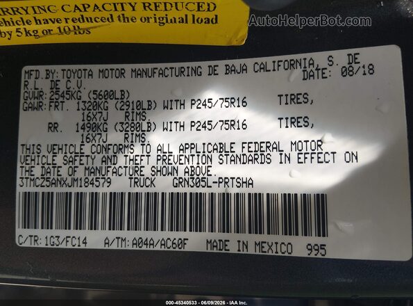 3TMCZ5ANXJM184579 2018 TOYOTA TACOMA Gray Engine compartment view