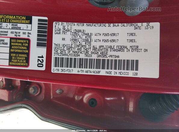 3TMCZ5ANXLM318204 2020 TOYOTA TACOMA Red Շարժիչի բաժամունքի տեսք