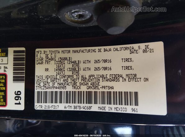 3TMCZ5ANXMM448985 2021 TOYOTA TACOMA Черный Вид подкапотного пространства