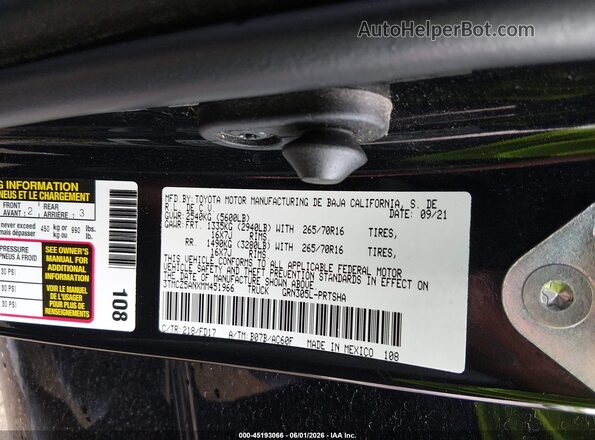 3TMCZ5ANXMM451966 2021 TOYOTA TACOMA Black Engine compartment view