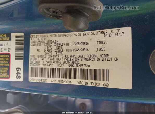 3TMDZ5BN1HM026452 2017 TOYOTA TACOMA Blue Widok komory silnika