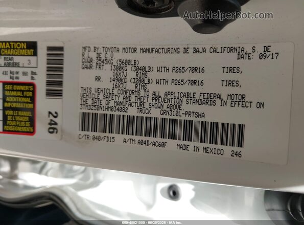 3TMDZ5BN1HM034082 2017 TOYOTA TACOMA White Engine compartment view