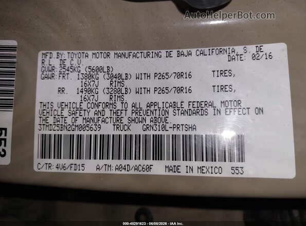 3TMDZ5BN2GM005639 2016 TOYOTA TACOMA Tan Շարժիչի բաժամունքի տեսք