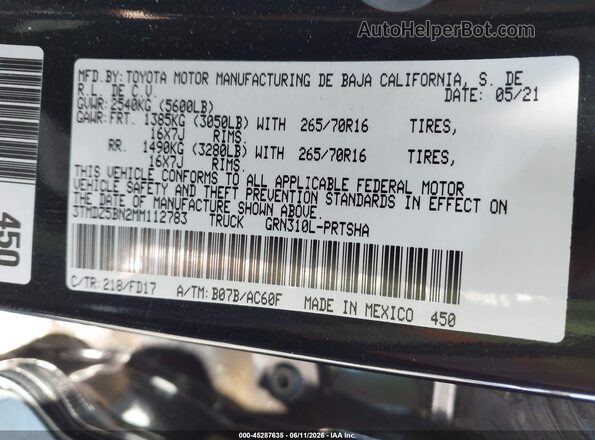 3TMDZ5BN2MM112783 2021 TOYOTA TACOMA Black Vista del compartimento del motor