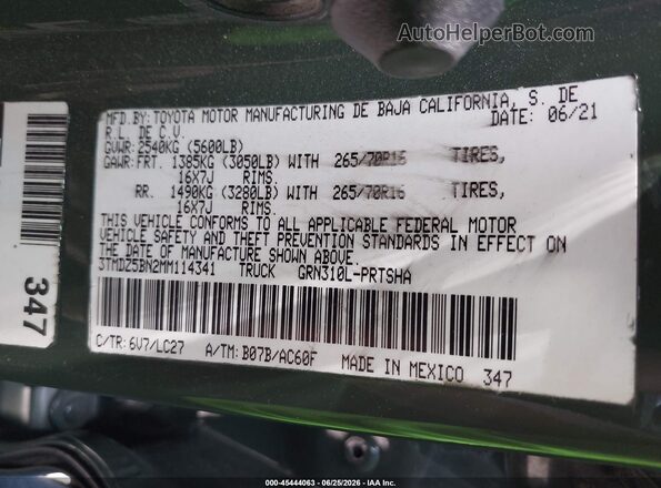 3TMDZ5BN2MM114341 2021 TOYOTA TACOMA Green Շարժիչի բաժամունքի տեսք