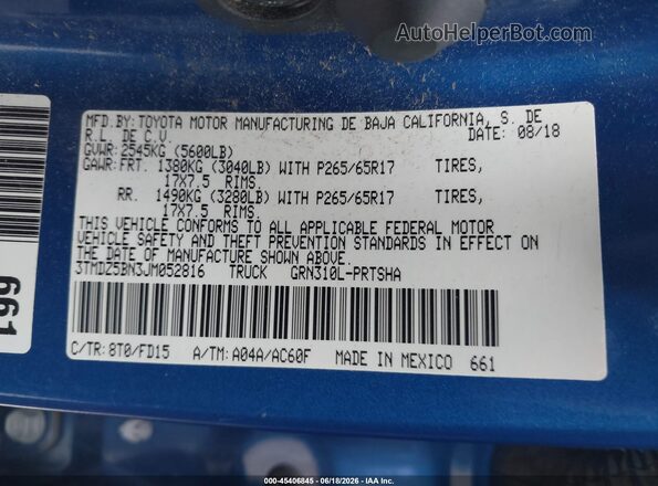3TMDZ5BN3JM052816 2018 TOYOTA TACOMA Синий Вид подкапотного пространства