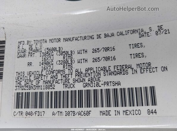 3TMDZ5BN3MM118852 2021 TOYOTA TACOMA White ძრავის განყოფილების ხედი
