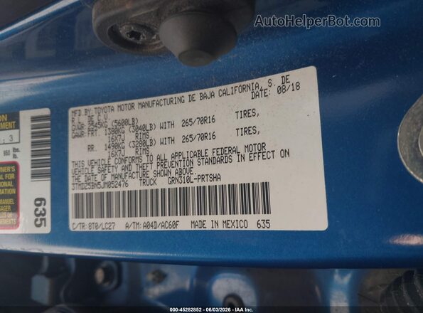 3TMDZ5BN5JM052476 2018 TOYOTA TACOMA Blue Widok komory silnika