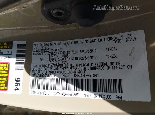 3TMDZ5BN5KM075354 2019 TOYOTA TACOMA Brown Vista del compartimento del motor