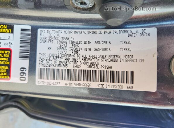 3TMDZ5BN9JM054585 2018 TOYOTA TACOMA Gray Вид підкапотного простору