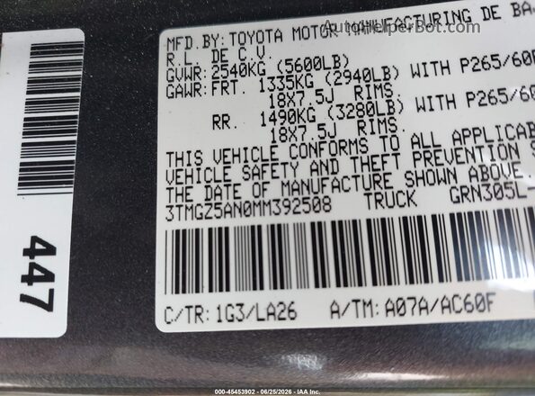 3TMGZ5AN0MM392508 2021 TOYOTA TACOMA Gray Vista del compartimento del motor