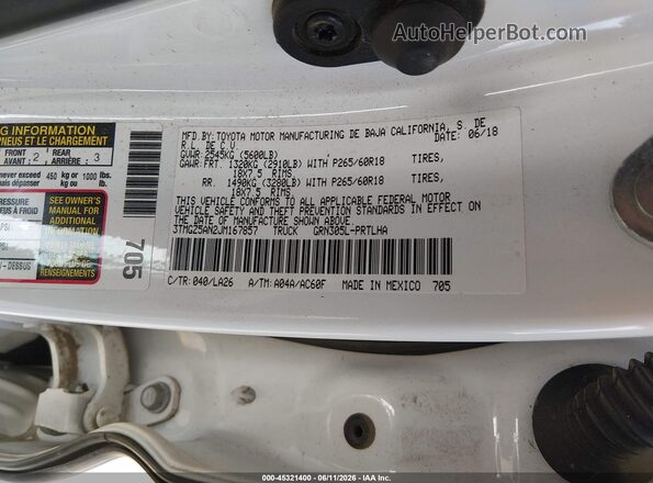 3TMGZ5AN2JM167857 2018 TOYOTA TACOMA Белый Вид подкапотного пространства