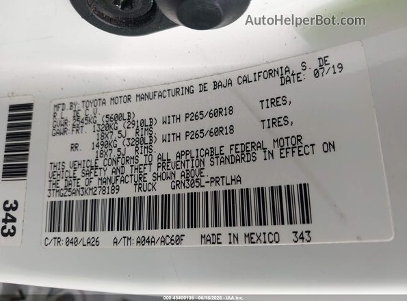 3TMGZ5AN3KM278189 2019 TOYOTA TACOMA White Widok komory silnika