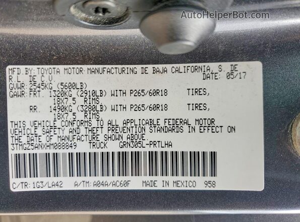 3TMGZ5ANXHM088849 2017 TOYOTA TACOMA Gray VIN կոդի պիտակի տեսք