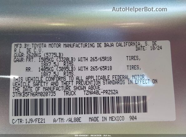 3TMKB5FN6RM020735 2024 TOYOTA TACOMA Silver Вид підкапотного простору