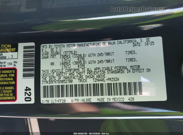 3TMKB5FN7SM052700 2025 TOYOTA TACOMA 2WD Gray Вид підкапотного простору