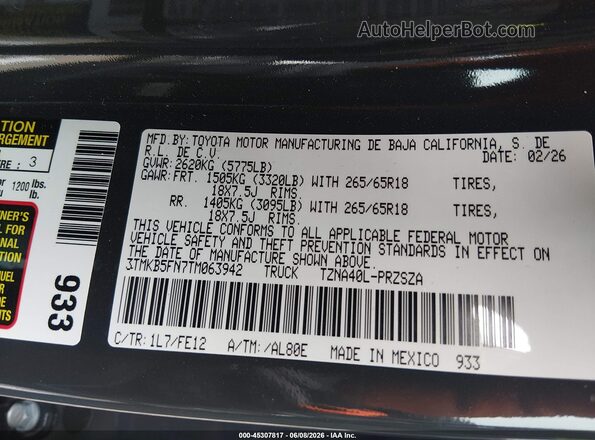 3TMKB5FN7TM063942 2026 TOYOTA TACOMA Gray Engine compartment view