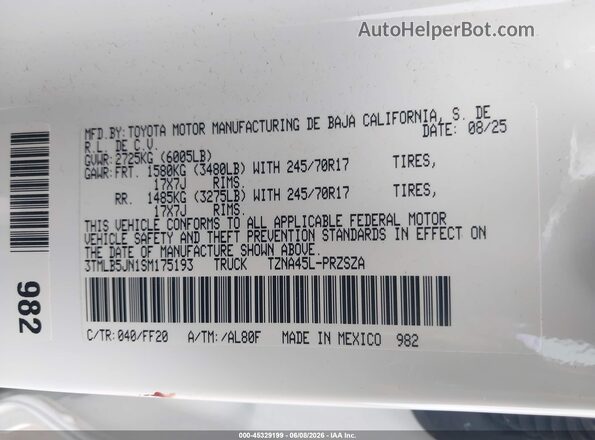 3TMLB5JN1SM175193 2025 TOYOTA TACOMA White Vista del compartimento del motor