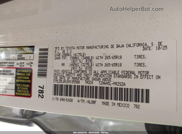3TMLB5JN1SM195508 2025 TOYOTA TACOMA White Engine compartment view