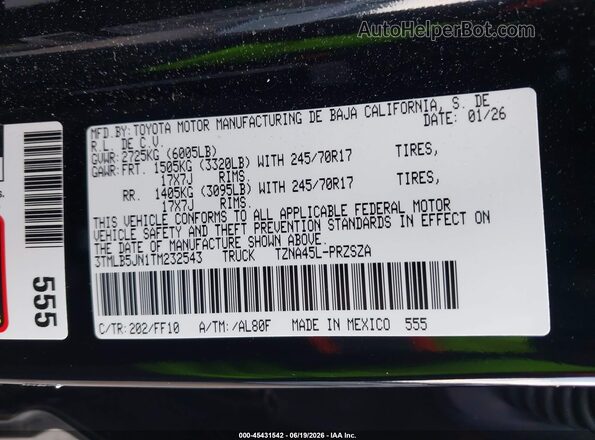 3TMLB5JN1TM232543 2026 TOYOTA TACOMA Black Вид підкапотного простору