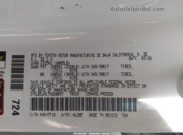 3TMLB5JN1TM260097 2026 TOYOTA TACOMA White Вид підкапотного простору