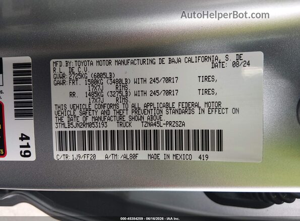 3TMLB5JN2RM053193 2024 TOYOTA TACOMA Gray Widok komory silnika